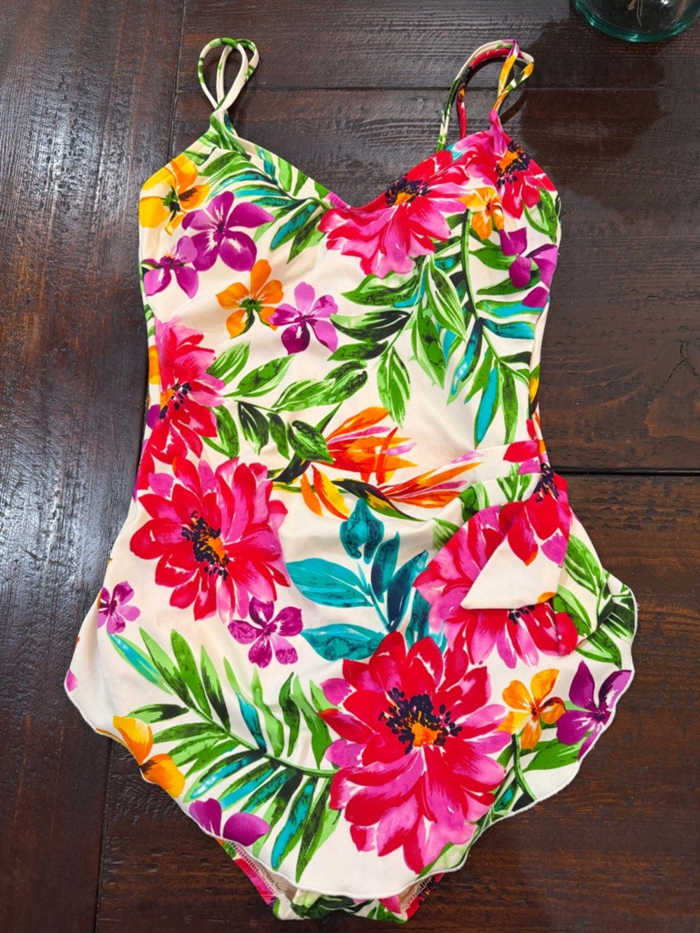Tropical Floral Maxine of Hollywood Sarong Front One Piece Swimsuit Size 12